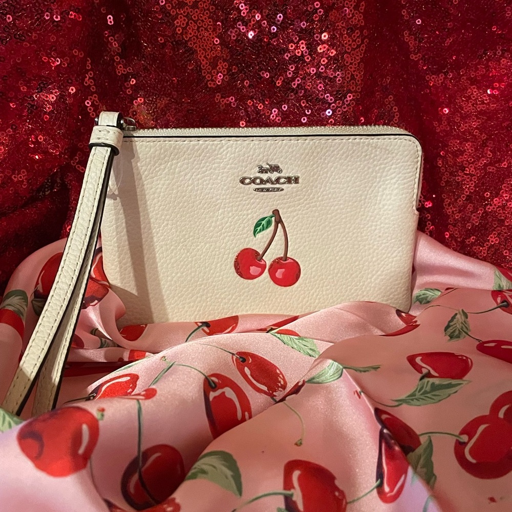 COACH Corner Zip Wristlet Cherry Print With NWOT Unbranded Cherry Scarf
